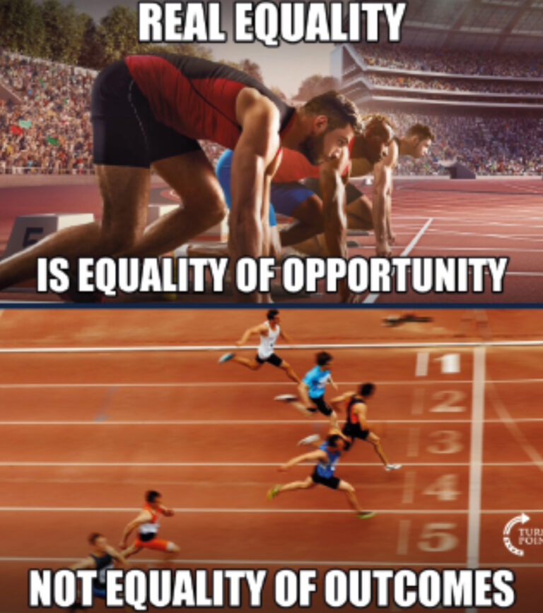 Image showing track race with a quote over it that says, "Real equality is equality of opportunity, not equality of outcomes.